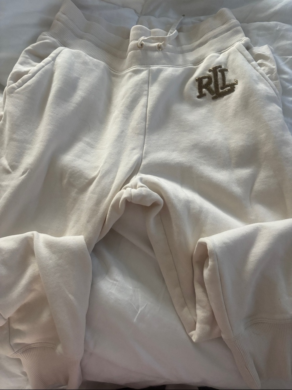 Ralph Lauren KiCream Drawstring Joggers with RL Patch with gold sequins